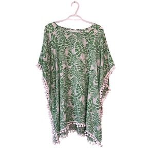 Viv & Lou Green Tropical Palm Leaf Pom Pom Trim Swimsuit Cover Up Kaftan OS Boho